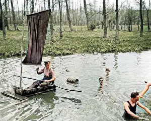 Improvised: British soldiers boating during rest break, WW1