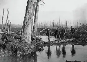 Improvised: British soldiers on improvised bridge, Western Front, WW1