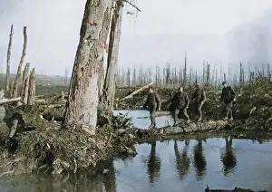 Improvised: British soldiers on improvised bridge, Western Front, WW1