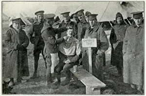 Queuing: British soldiers queuing for a shave 1914
