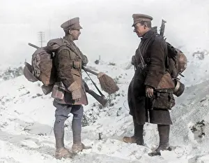 Kitbag: Two British soldiers in the snow, Western Front, WW1