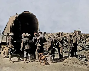 Unload: British soldiers unloading ammunition from lorry, WW1