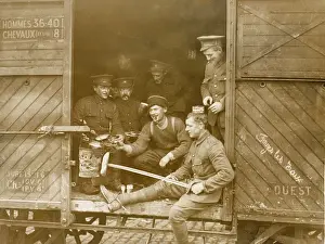 Toasting: British Tommy using sword as toasting fork