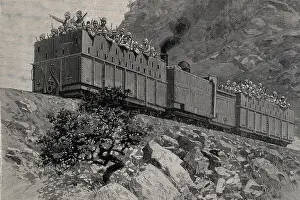 Lithographs: British train in a military operation, near