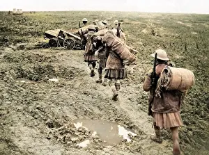 Sandbags: British troops carrying sandbags, Western Front, WW1