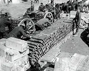 Limbers: British troops loading up ammunition, Western Front, WW1