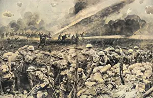 Throwers: British troops repelling a German liquid fire attack, WW1