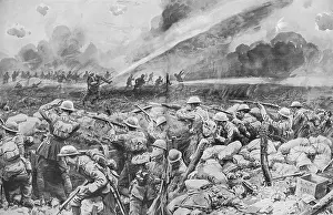 Throwers: British troops repelling a German liquid fire attack, WW1