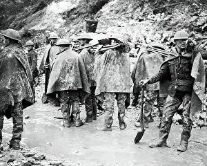 Waterproof: British working party in rain, Western Front, WW1