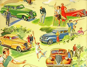 Golfing: Brochure illustration, Oldsmobile car