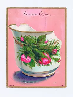 Limoges: Broken Limoges China cup on a Christmas postcard