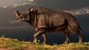 Thunder: A Brontotherium walking atop a grassy hill
