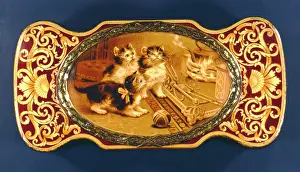 Brooch: Brooch with cats in front of a boiling kettle
