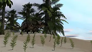 Einiosaurus: Brown Einiosaurus grazing a desert environment