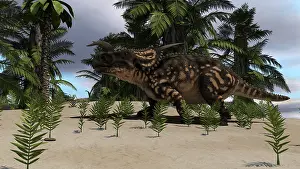 Einiosaurus: Brown Einiosaurus grazing in a prehistoric environment