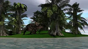 Einiosaurus: Brown Einiosaurus grazing on the water's edge