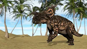 Einiosaurus: Brown Einiosaurus in a prehistoric landscape
