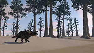 Einiosaurus: Brown Einiosaurus roaming a prehistoric landscape