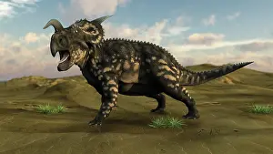 Einiosaurus: Brown Einiosaurus walking across a barren landscape
