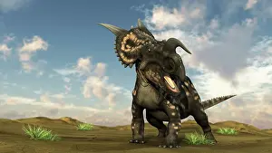 Einiosaurus: Brown Einiosaurus walking across a barren landscape