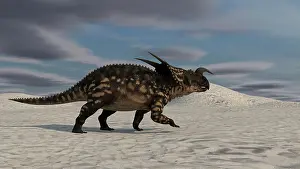 Einiosaurus: Brown Einiosaurus walking across a desert landscape