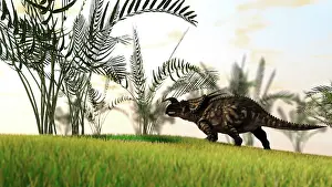Einiosaurus: Brown Einiosaurus walking in a field