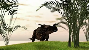 Einiosaurus: Brown Einiosaurus walking in a field