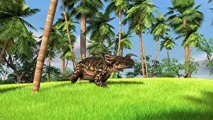 Einiosaurus: Brown Einiosaurus walking across a grassy field