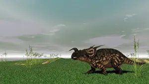 Einiosaurus: Brown Einiosaurus walking across prehistoric grasslands