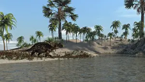 Einiosaurus: Brown Einiosaurus walking along the water's edge