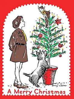 Brownies: Brownie looking at an elf on Christmas tree