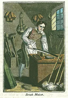 1823: Brushmaker: Craftsman at bench prepares brushes