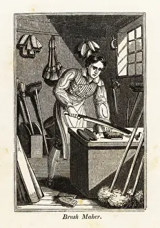 Brushmaker: Brushmaker trimming a broomhead in a workshop