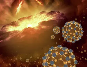 Carbon: Buckyballs floating in interstellar space near a region of ?