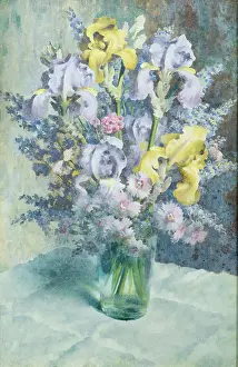 Pinks: Bue and Yellow Irises etc in a glass