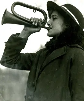 Bugler: Bugler blowing All Clear after Zeppelin air raid, WW1
