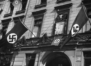 Flagged: A building in Berlin is decorated with flags on the occa