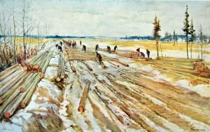 Kunst: Building a road in russia using timber logs by