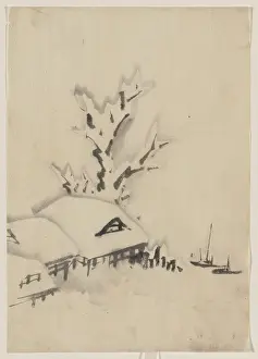 Offshore: Buildings and large tree on the waterfront, with two boats a