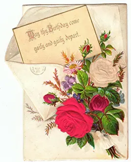 Rosebuds: Bunch of flowers with envelope on a fabric birthday card