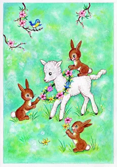 Adair: Three bunnies with a lamb