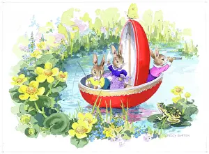 Bunnies sailing in an Easter egg