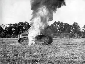 Renault: Burning French tank, 1940
