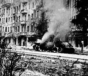 Burning Soviet tank in Berlin, 1945