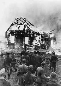 Arson: Burning synagogue in a Lithuanian village, 1941