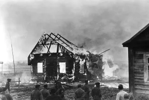 Arson: Burning synagogue in a Lithuanian village, 1941