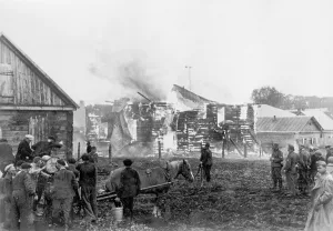 Arson: A burning synagogue in a Lithuanian village, June 1941 (b/w