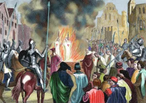 Execute: Burning Templar in the 14th century. Colored engraving of 18