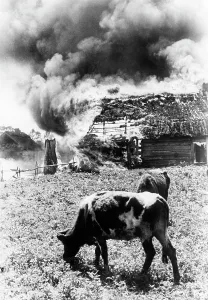 German Soviet: Burning village on the Eastern Front, 1941