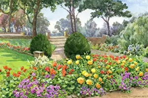 Buscot Park flower beds, trees, path, steps